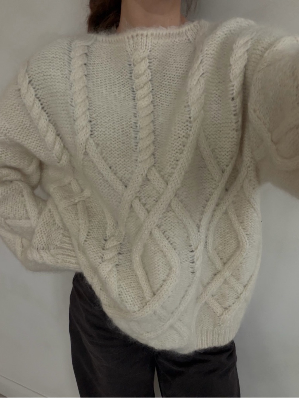 Mohair Cable Knit Crewneck Sweater - Cream